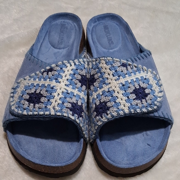 Muk Luks Blue and Cream Crochet Slippers - Picture 1 of 6